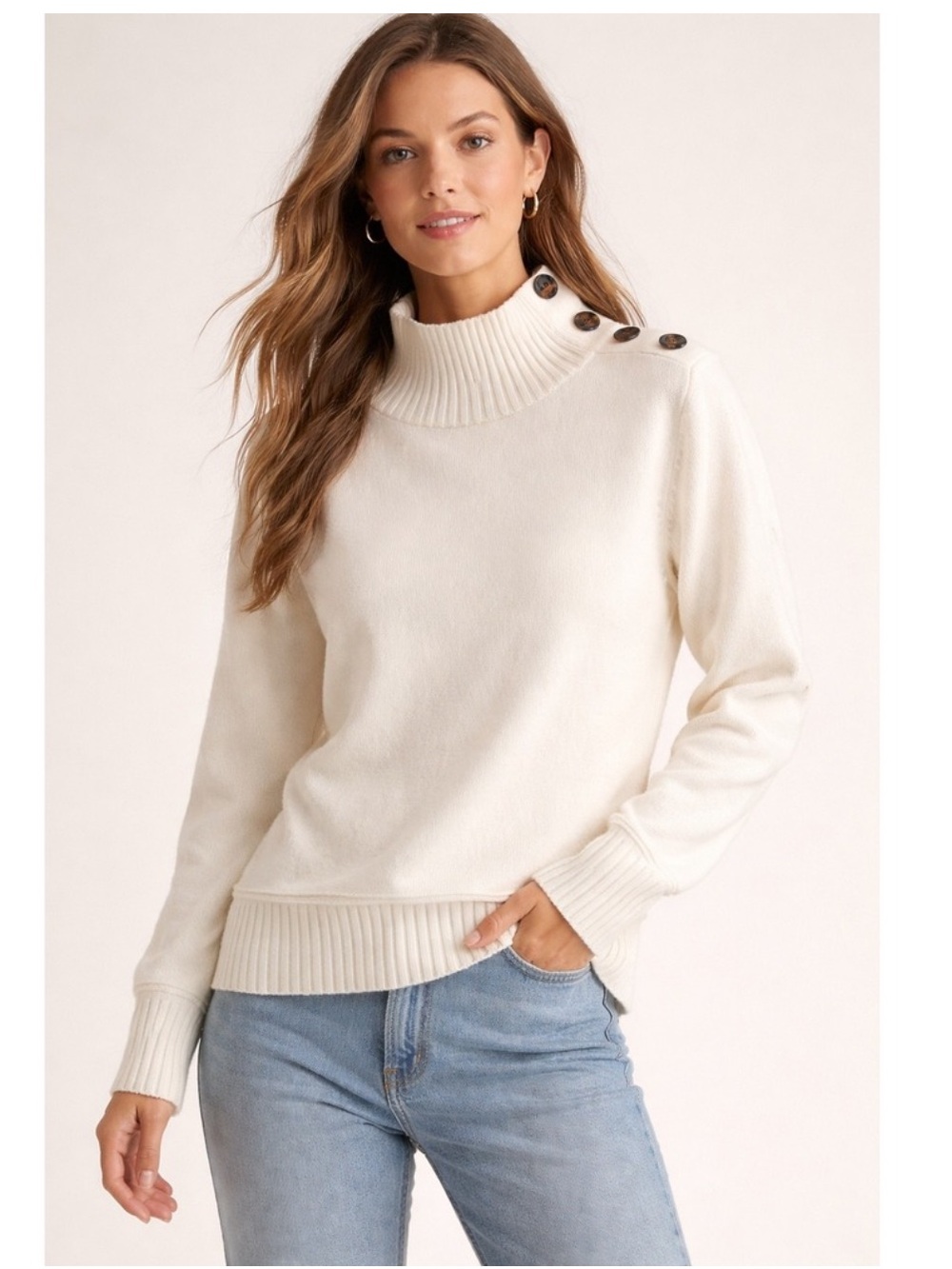Anthropologie Ivory Button-Shoulder Mock-neck Sweater